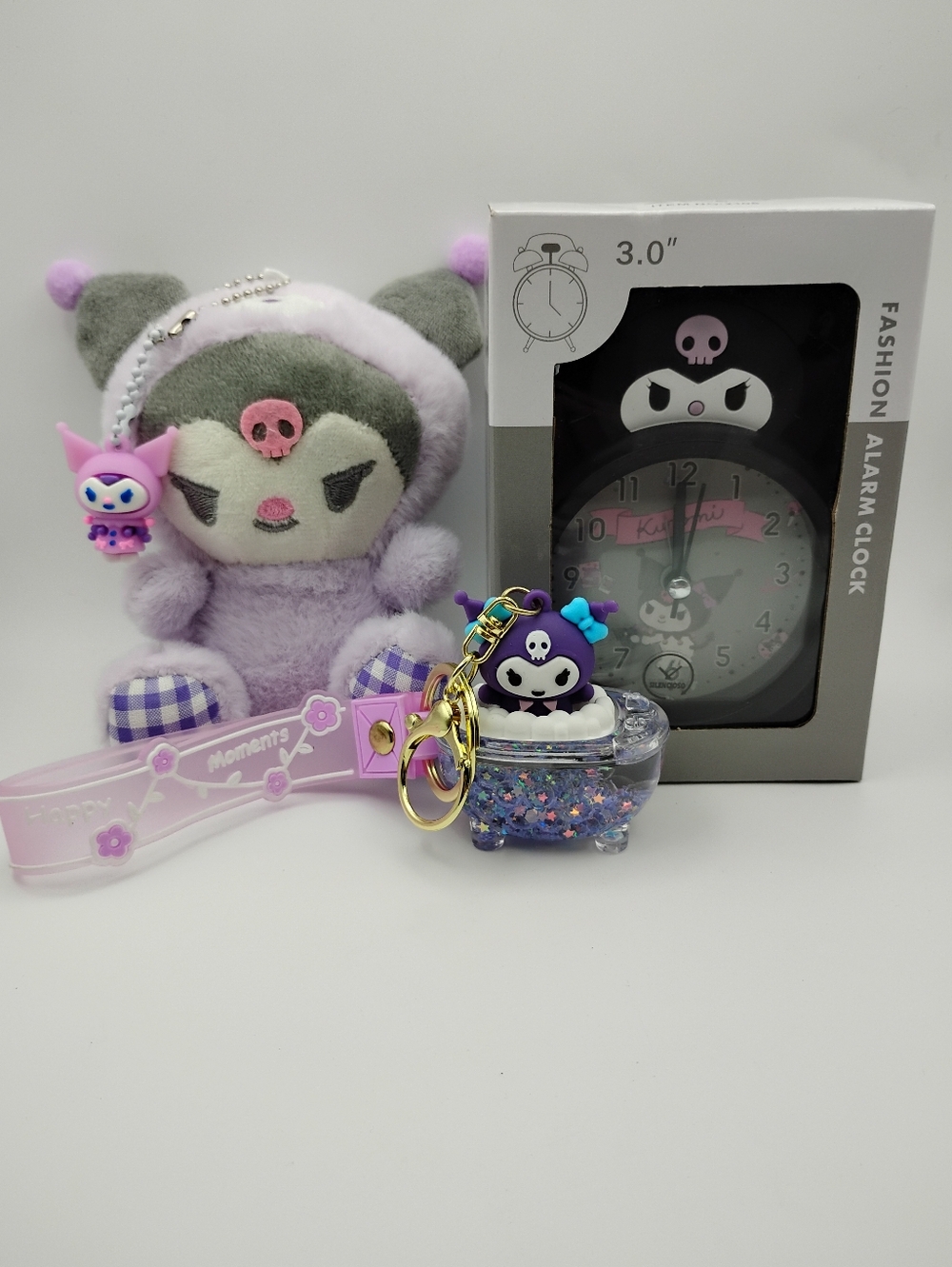 Kuromi Plush Keychain, Glitter Filled Keychain, & Kuromi Clock All Are Brand New